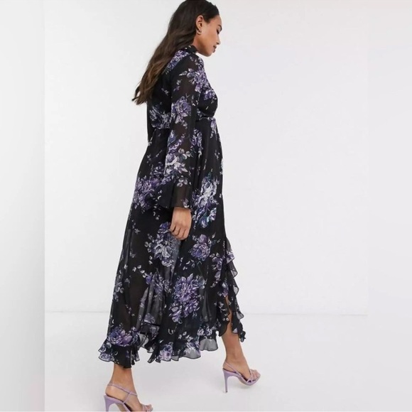 ASOS Black Ruffle Trim Purple Floral Double Front Slit Maxi Dress sz 4 - Picture 11 of 11